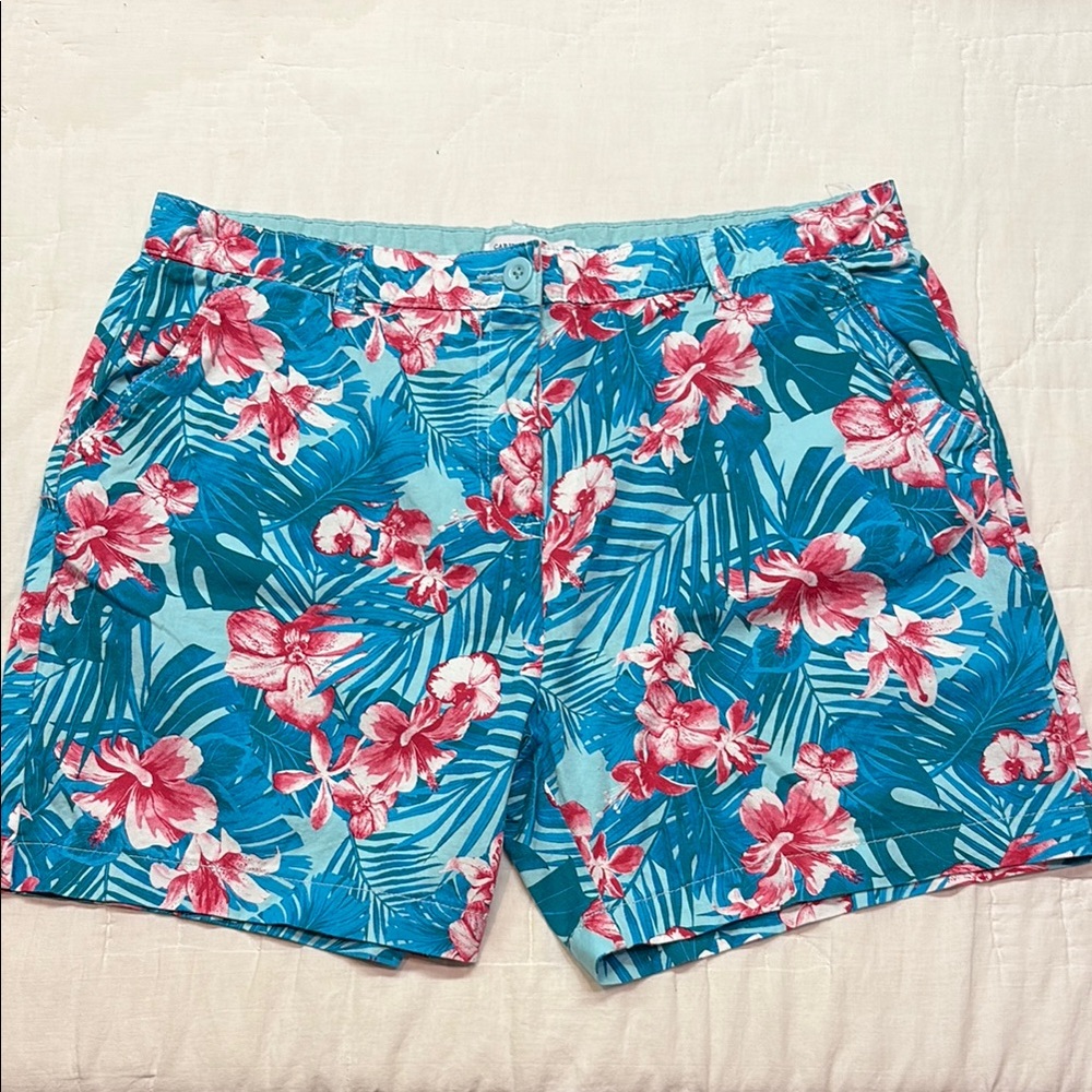 Caribbean Joe Blue Pink Hawaiian Floral Print Bermuda Shorts Vacationwear